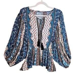 Bohemian Peasant Peplum Blouse M/L Balloon Sleeve Tassel‎ Patchwork Print #510